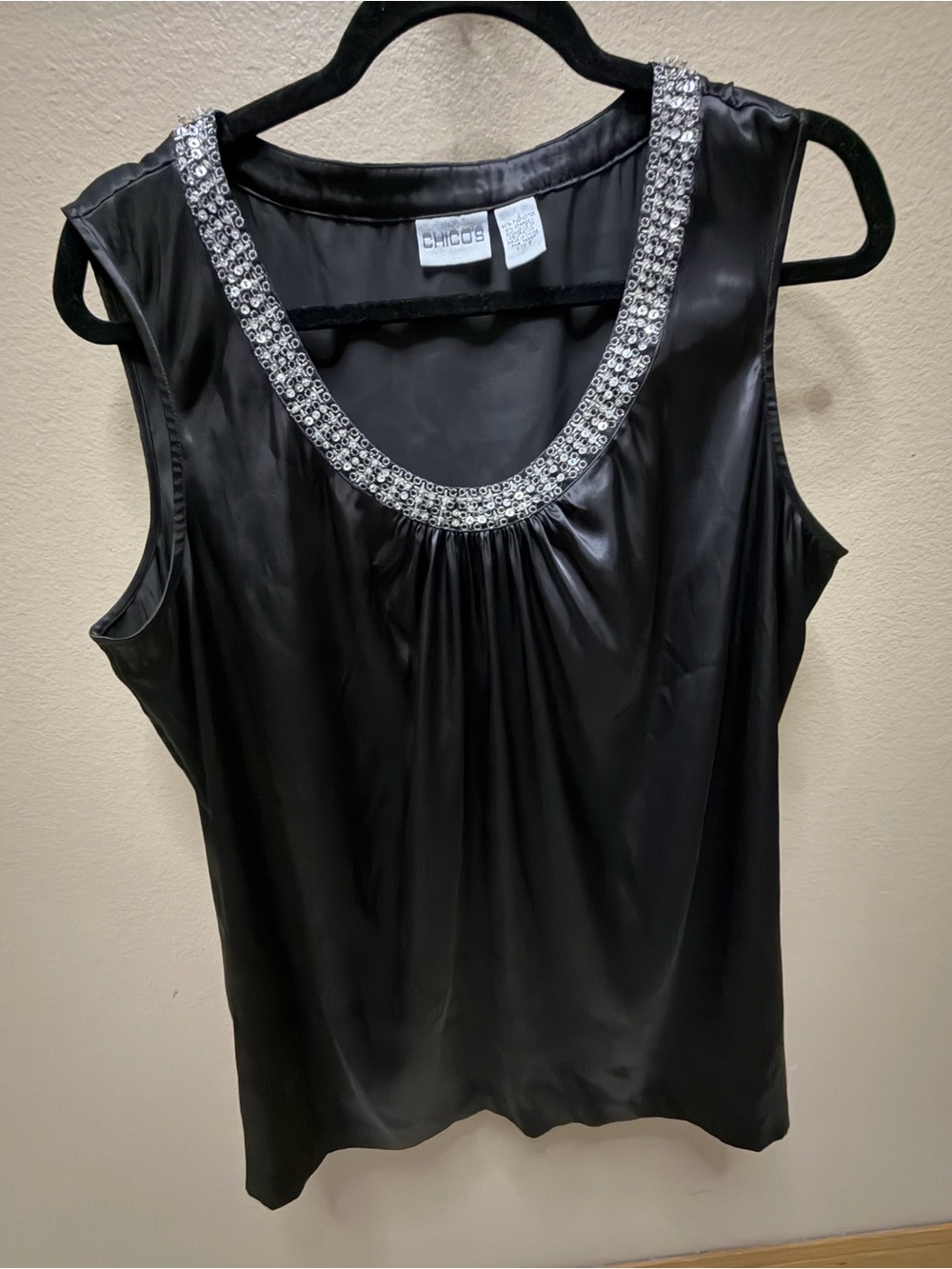 Chico's Black Satin-Look Beaded Scoop Neck Tank